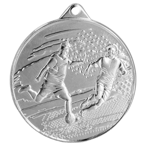 Srebrny medal piłka nożna MMC1150/S – okrągły medal śr. 5 cm z motywem piłkarza w akcji. Idealna nagroda na turniej piłki nożnej i ligę szkolną.
