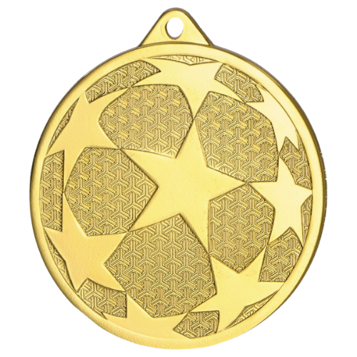 Złoty medal piłka nożna MMC1250/G – okrągły medal śr. 5 cm z motywem piłki z gwiazdami. Idealna nagroda na turniej piłki nożnej i ligę szkolną.