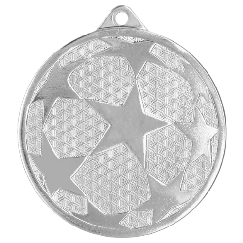 Srebrny medal piłka nożna MMC1250/S – okrągły medal śr. 5 cm z motywem piłki z gwiazdami. Idealna nagroda na turniej piłki nożnej i ligę szkolną.