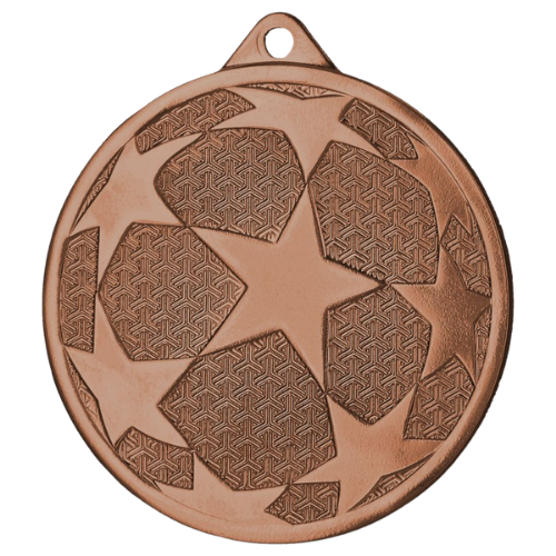 Brązowy medal piłka nożna MMC1250/B – okrągły medal śr. 5 cm z motywem piłki z gwiazdami. Idealna nagroda na turniej piłki nożnej i ligę szkolną.