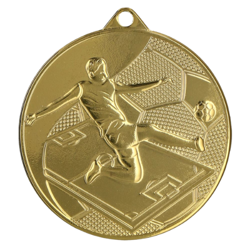Złoty medal piłka nożna MMC45050/G – okrągły medal śr. 5 cm z motywem piłkarza przy piłce. Idealna nagroda na turniej piłki nożnej i ligę szkolną.