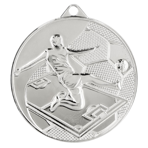 Srebrny medal piłka nożna MMC45050/S – okrągły medal śr. 5 cm z motywem piłkarza przy piłce. Idealna nagroda na turniej piłki nożnej i ligę szkolną.