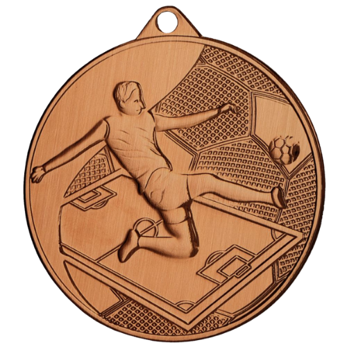 Brązowy medal piłka nożna MMC45050/B – okrągły medal śr. 5 cm z motywem piłkarza przy piłce. Idealna nagroda na turniej piłki nożnej i ligę szkolną.