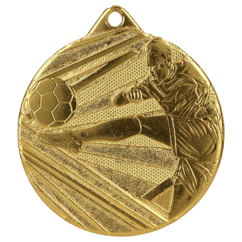Złoty medal piłka nożna ME001/G – okrągły medal śr. 5 cm z motywem piłkarza przy bramce. Idealna nagroda na turniej piłki nożnej i ligę szkolną.