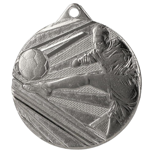 Srebrny medal piłka nożna ME001/S – okrągły medal śr. 5 cm z motywem piłkarza przy bramce. Idealna nagroda na turniej piłki nożnej i ligę szkolną.