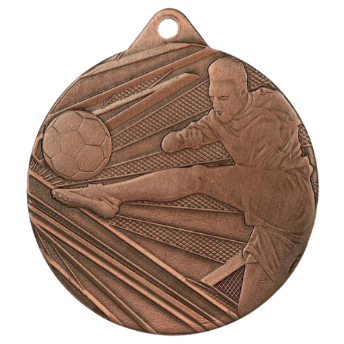 Brązowy medal piłka nożna ME001/B – okrągły medal śr. 5 cm z motywem piłkarza przy bramce. Idealna nagroda na turniej piłki nożnej i ligę szkolną.