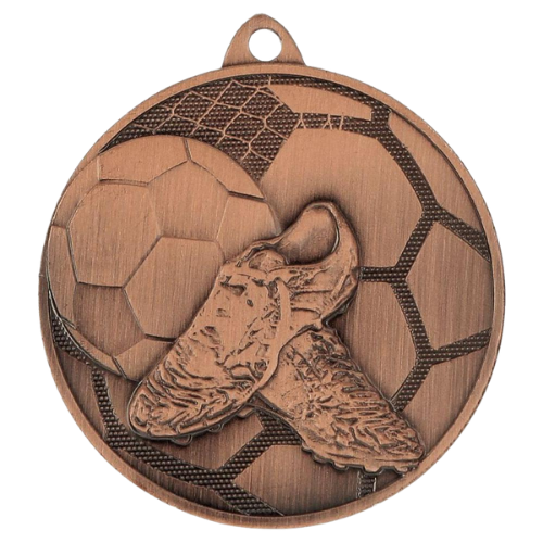 Brązowy medal piłka nożna MMC28050/B – okrągły medal śr. 5 cm z motywem piłkarza na tle siatki piłki. Idealna nagroda na turniej piłki nożnej i ligę szkolną.