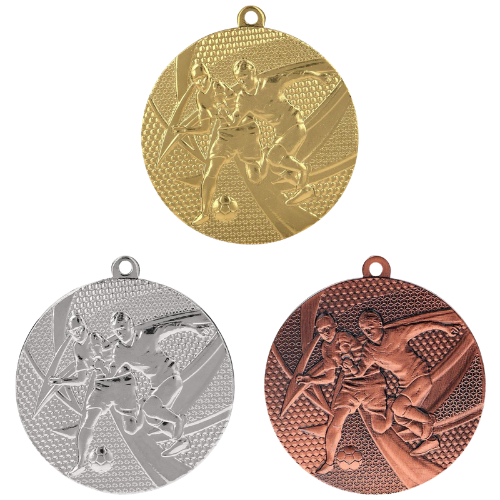 Medale piłkarskie złoty srebrny brązowy MMC15050 – okrągłe medale śr. 5 cm z motywem dwóch piłkarzy w walce o piłkę. Idealna nagroda na turniej piłki nożnej, ligę szkolną i zawody klubowe.