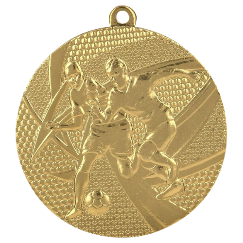 Złoty medal piłka nożna MMC15050/G – okrągły medal śr. 5 cm z motywem piłkarzy w walce o piłkę. Idealna nagroda na turniej piłki nożnej i ligę szkolną.