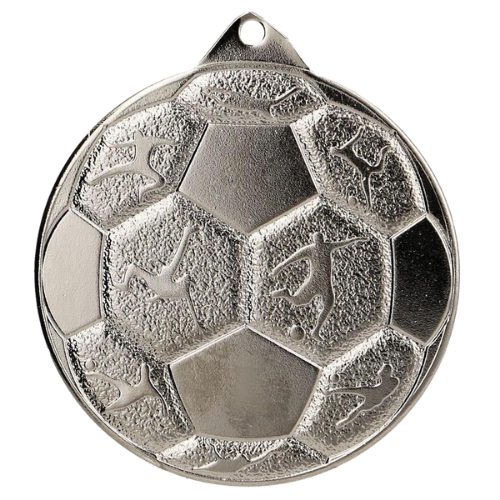 Srebrny medal piłka nożna MMC8850/S – okrągły medal śr. 5 cm z motywem piłki nożnej. Wykonany z metalu, grubość 2 mm. Idealna nagroda na turniej piłki nożnej i ligę szkolną.