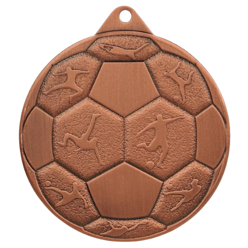 Brązowy medal piłka nożna MMC8850/B – okrągły medal śr. 5 cm z motywem piłki nożnej. Wykonany z metalu, grubość 2 mm. Idealna nagroda na turniej piłki nożnej i ligę szkolną.
