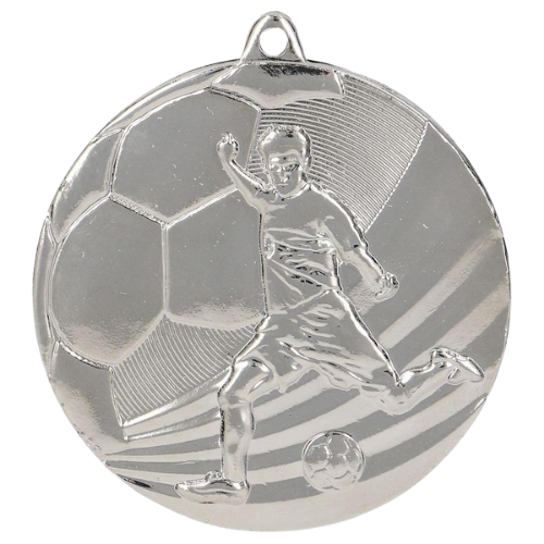 Srebrny medal piłka nożna MMC5055/S – okrągły medal śr. 5 cm z motywem piłkarza w biegu. Wykonany z metalu, grubość 3 mm. Idealna nagroda na turniej piłki nożnej i ligę szkolną.