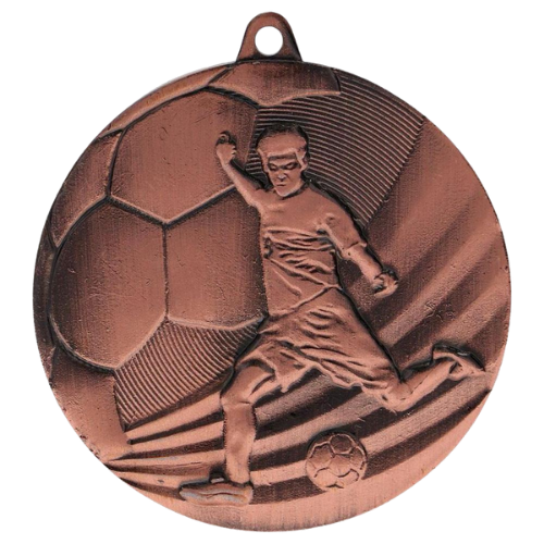 Brązowy medal piłka nożna MMC5055/B – okrągły medal śr. 5 cm z motywem piłkarza w biegu. Wykonany z metalu, grubość 3 mm. Idealna nagroda na turniej piłki nożnej i ligę szkolną.