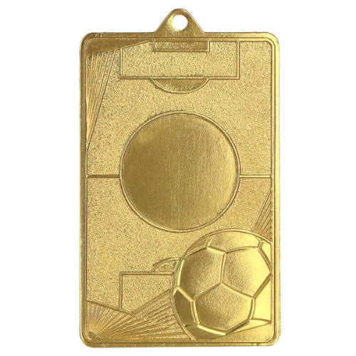 Złoty medal piłka nożna MMC7045/G – prostokątny medal 70x45 mm z motywem piłki nożnej i miejscem na emblemat śr. 25 mm. Wykonany z metalu. Idealna nagroda na turniej piłki nożnej i ligę szkolną.