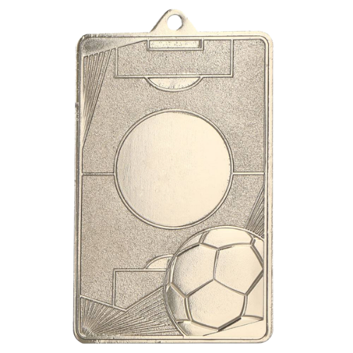 Srebrny medal piłka nożna MMC7045/S – prostokątny medal 70x45 mm z motywem piłki nożnej i miejscem na emblemat śr. 25 mm. Wykonany z metalu. Idealna nagroda na turniej piłki nożnej i ligę szkolną.