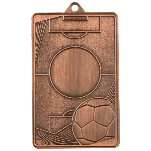 Brązowy medal piłka nożna MMC7045/B – prostokątny medal 70x45 mm z motywem piłki nożnej i miejscem na emblemat śr. 25 mm. Wykonany z metalu. Idealna nagroda na turniej piłki nożnej i ligę szkolną.