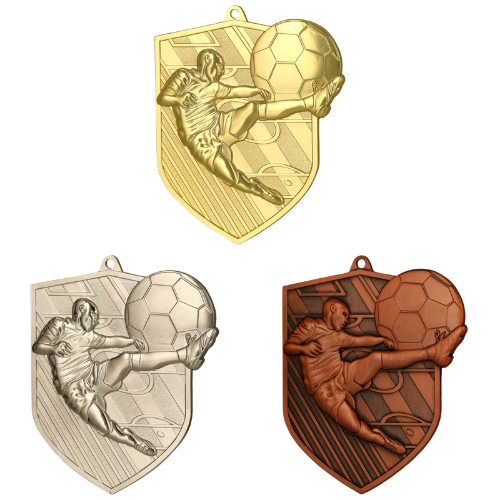 Medale piłkarskie złoty srebrny brązowy MD8049 – medale w kształcie tarczy 78x67 mm z motywem piłkarza kopiącego piłkę. Wykonane z metalu, grubość 3 mm. Idealna nagroda na turniej piłki nożnej, ligę szkolną i zawody klubowe.