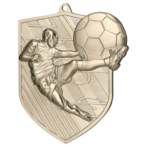 Srebrny medal piłka nożna MD8049/S – medal w kształcie tarczy 78x67 mm z motywem piłkarza kopiącego piłkę. Wykonany z metalu, grubość 3 mm. Idealna nagroda na turniej piłki nożnej i ligę szkolną.