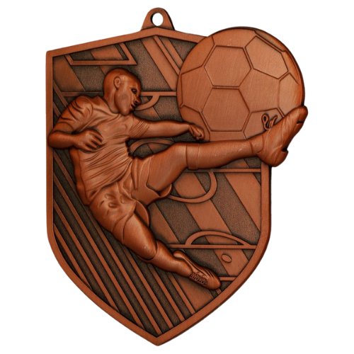 Brązowy medal piłka nożna MD8049/B – medal w kształcie tarczy 78x67 mm z motywem piłkarza kopiącego piłkę. Wykonany z metalu, grubość 3 mm. Idealna nagroda na turniej piłki nożnej i ligę szkolną.