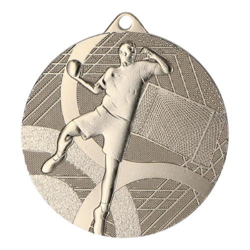 Srebrny medal piłka ręczna MMC39050/S – okrągły medal śr. 5 cm z motywem bramkarza. Wykonany z metalu, grubość 2 mm. Idealna nagroda na turniej piłki ręcznej i ligę szkolną.