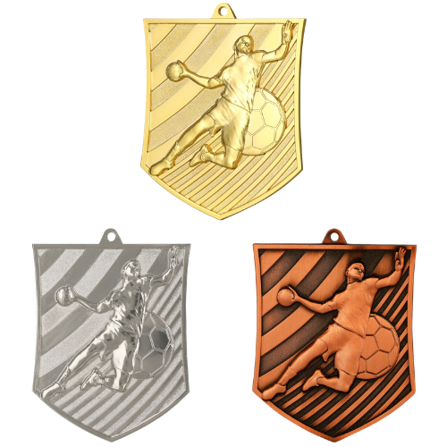 Medale odlewane piłka ręczna złoty srebrny brązowy MD8051 – odlewane medale w kształcie tarczy 78x65 mm z motywem zawodnika rzucającego piłkę. Wykonane z metalu. Idealna nagroda na turniej piłki ręcznej, ligę szkolną i zawody klubowe.