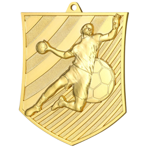 Złoty medal odlewany piłka ręczna MD8051/G – odlewany medal w kształcie tarczy 78x65 mm z motywem zawodnika rzucającego piłkę. Wykonany z metalu. Idealna nagroda na turniej piłki ręcznej i ligę szkolną.
