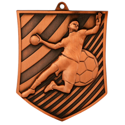 Brązowy medal odlewany piłka ręczna MD8051/B – odlewany medal w kształcie tarczy 78x65 mm z motywem zawodnika rzucającego piłkę. Wykonany z metalu. Idealna nagroda na turniej piłki ręcznej i ligę szkolną.