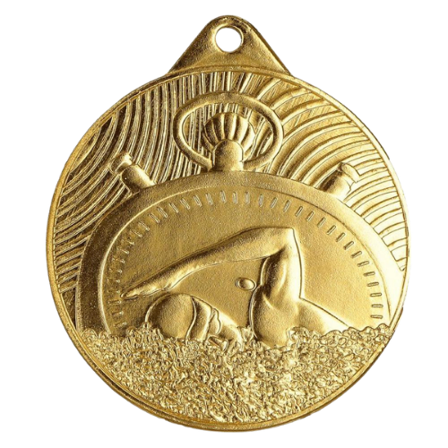 Złoty medal pływanie MMC33050/G – okrągły medal śr. 5 cm z motywem pływaka. Wykonany z metalu, grubość 2 mm. Idealna nagroda na zawody pływackie i ligę szkolną.