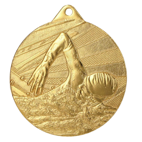 Złoty medal pływanie ME003/G – okrągły medal śr. 5 cm z motywem pływaka stylem dowolnym. Wykonany z metalu, grubość 2 mm. Idealna nagroda na zawody pływackie i ligę szkolną.