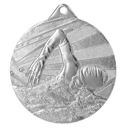 Srebrny medal pływanie ME003/S – okrągły medal śr. 5 cm z motywem pływaka stylem dowolnym. Wykonany z metalu, grubość 2 mm. Idealna nagroda na zawody pływackie i ligę szkolną.
