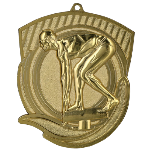 Złoty medal pływanie MD8062/G – medal w kształcie tarczy 79x62 mm z motywem pływaka na starcie. Wykonany z metalu, grubość 3 mm. Idealna nagroda na zawody pływackie i ligę szkolną.