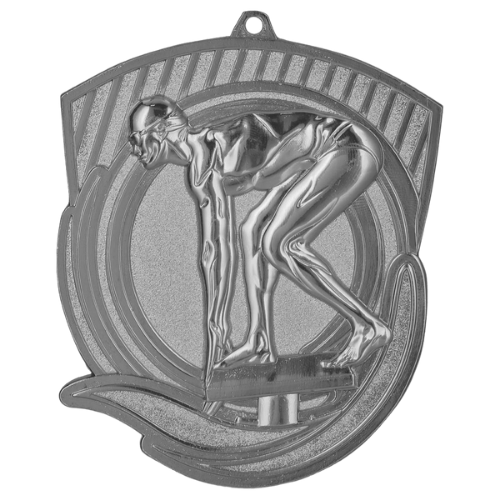 Srebrny medal pływanie MD8062/S – medal w kształcie tarczy 79x62 mm z motywem pływaka na starcie. Wykonany z metalu, grubość 3 mm. Idealna nagroda na zawody pływackie i ligę szkolną.