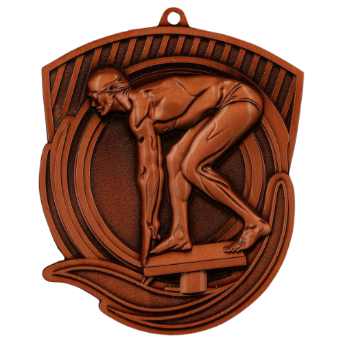 Brązowy medal pływanie MD8062/B – medal w kształcie tarczy 79x62 mm z motywem pływaka na starcie. Wykonany z metalu, grubość 3 mm. Idealna nagroda na zawody pływackie i ligę szkolną.