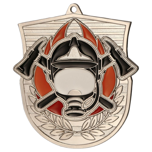 Srebrny medal straż pożarna MD8050/S – medal w kształcie tarczy 79x75 mm z motywem hełmu strażackiego i toporów. Wykonany z metalu z kolorowymi emaliami. Idealna nagroda na zawody i uroczystości strażackie.
