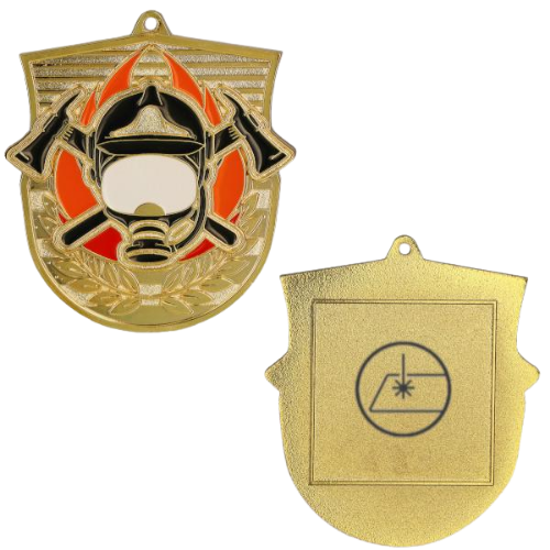 Medale straż pożarna złoty srebrny brązowy MD8050 – medale w kształcie tarczy 79x75 mm z motywem hełmu strażackiego i toporów. Wykonane z metalu z kolorowymi emaliami. Idealna nagroda na zawody i uroczystości strażackie.