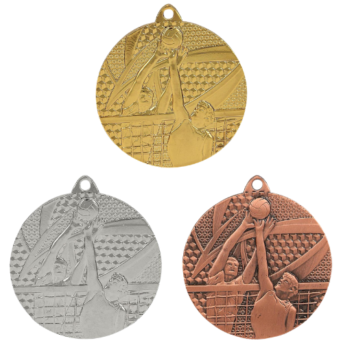 Medale siatkówka złoty srebrny brązowy MMC7650 – okrągłe medale śr. 5 cm z motywem zawodnika zbijającego piłkę. Wykonane z metalu, grubość 2 mm. Idealna nagroda na turniej siatkówki, ligę szkolną i zawody klubowe.