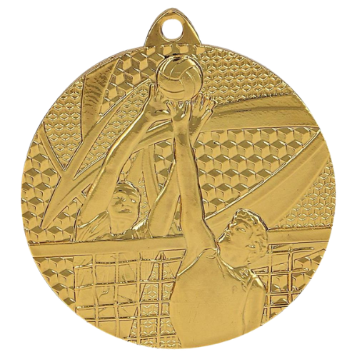 Złoty medal siatkówka MMC7650/G – okrągły medal śr. 5 cm z motywem zawodnika zbijającego piłkę. Wykonany z metalu, grubość 2 mm. Idealna nagroda na turniej siatkówki i ligę szkolną.