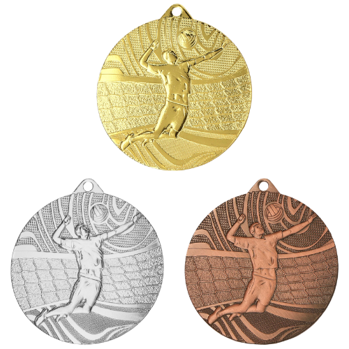 Medale siatkówka złoty srebrny brązowy MMC41050 – okrągłe medale śr. 5 cm z motywem zawodniczki serwującej. Wykonane z metalu, grubość 2 mm. Idealna nagroda na turniej siatkówki, ligę szkolną i zawody klubowe.