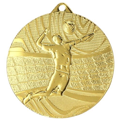 Złoty medal siatkówka MMC41050/G – okrągły medal śr. 5 cm z motywem zawodniczki serwującej. Wykonany z metalu, grubość 2 mm. Idealna nagroda na turniej siatkówki i ligę szkolną.