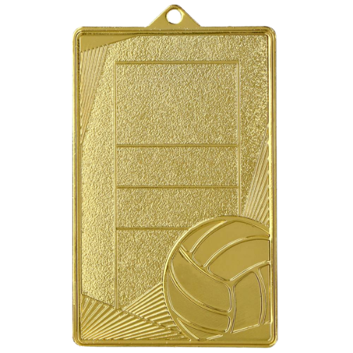 Złoty medal siatkówka MMC7245/G – prostokątny medal 70x45 mm z motywem boiska i piłki siatkowej. Wykonany z metalu, grubość 2 mm. Idealna nagroda na turniej siatkówki i ligę szkolną.