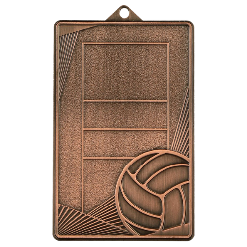 Brązowy medal siatkówka MMC7245/B – prostokątny medal 70x45 mm z motywem boiska i piłki siatkowej. Wykonany z metalu, grubość 2 mm. Idealna nagroda na turniej siatkówki i ligę szkolną.