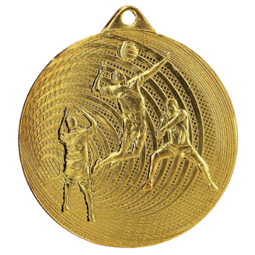 Złoty medal siatkówka MMC3073/G – okrągły medal śr. 7 cm z motywem zawodników przy siatce. Wykonany z metalu, grubość 2,5 mm. Idealna nagroda na turniej siatkówki i ligę szkolną.