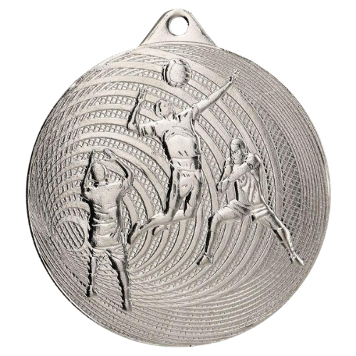 Srebrny medal siatkówka MMC3073/S – okrągły medal śr. 7 cm z motywem zawodników przy siatce. Wykonany z metalu, grubość 2,5 mm. Idealna nagroda na turniej siatkówki i ligę szkolną.