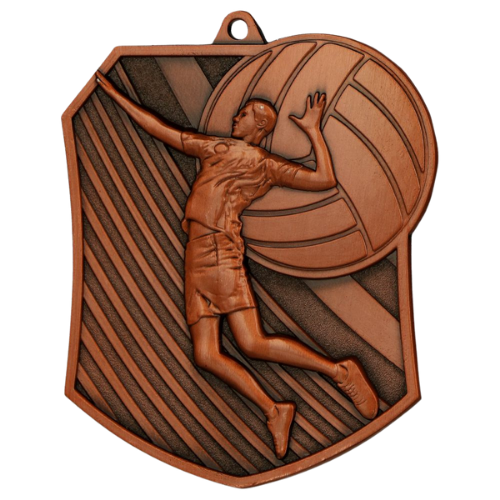 Brązowy medal siatkówka MD8047/B – medal w kształcie wielokąta 79x67 mm z motywem zawodniczki zbijającej piłkę. Wykonany z metalu, grubość 2 mm. Idealna nagroda na turniej siatkówki i ligę szkolną.