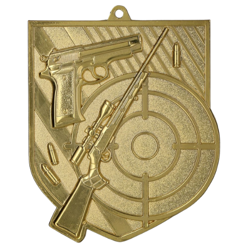 Złoty medal strzelectwo MD8063/G – medal w kształcie tarczy 78x68 mm z motywem karabinu i tarczy strzelniczej. Wykonany z metalu, grubość 2 mm. Idealna nagroda na zawody strzeleckie i turnieje klubowe.