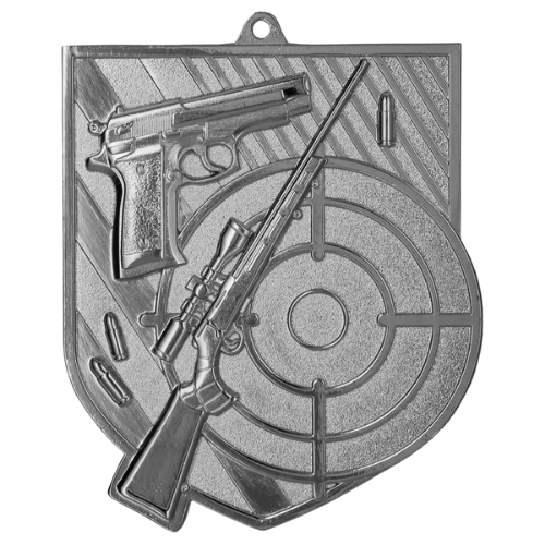Srebrny medal strzelectwo MD8063/S – medal w kształcie tarczy 78x68 mm z motywem karabinu i tarczy strzelniczej. Wykonany z metalu, grubość 2 mm. Idealna nagroda na zawody strzeleckie i turnieje klubowe.