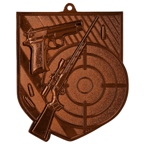 Brązowy medal strzelectwo MD8063/B – medal w kształcie tarczy 78x68 mm z motywem karabinu i tarczy strzelniczej. Wykonany z metalu, grubość 2 mm. Idealna nagroda na zawody strzeleckie i turnieje klubowe.