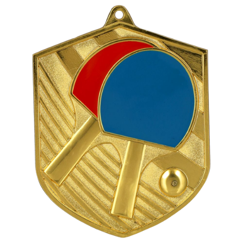 Złoty medal odlewany tenis stołowy MD8052/G – odlewany medal w kształcie tarczy 80x64 mm z motywem rakietki. Wykonany z metalu z kolorowymi emaliami. Idealna nagroda na turniej tenisa stołowego i ligę szkolną.