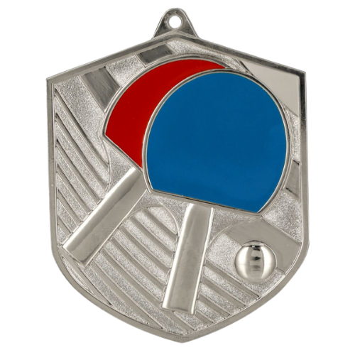 Srebrny medal odlewany tenis stołowy MD8052/S – odlewany medal w kształcie tarczy 80x64 mm z motywem rakietki. Wykonany z metalu z kolorowymi emaliami. Idealna nagroda na turniej tenisa stołowego i ligę szkolną.