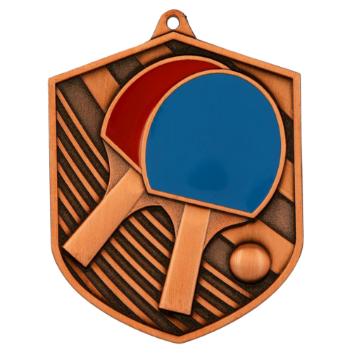 Brązowy medal odlewany tenis stołowy MD8052/B – odlewany medal w kształcie tarczy 80x64 mm z motywem rakietki. Wykonany z metalu z kolorowymi emaliami. Idealna nagroda na turniej tenisa stołowego i ligę szkolną.